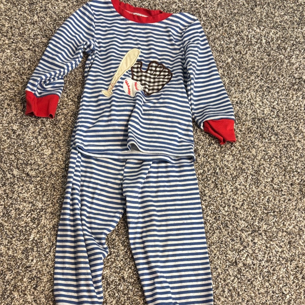 Posh Blue & White Striped Pajama Set with Red Trim and Baseball Applique